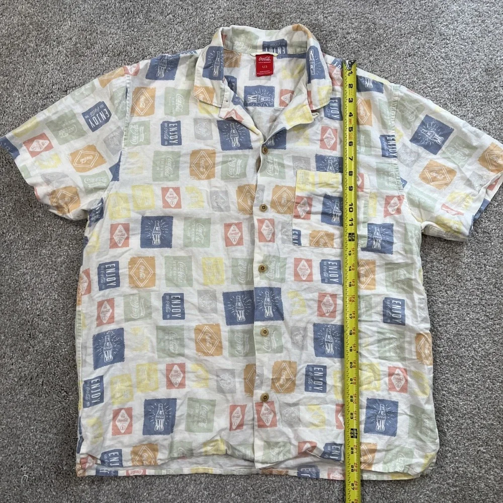 Lucky Brand Coca-Cola Shirt L Linen Button Front Short Sleeve Logo Print Allover - Picture 4 of 9